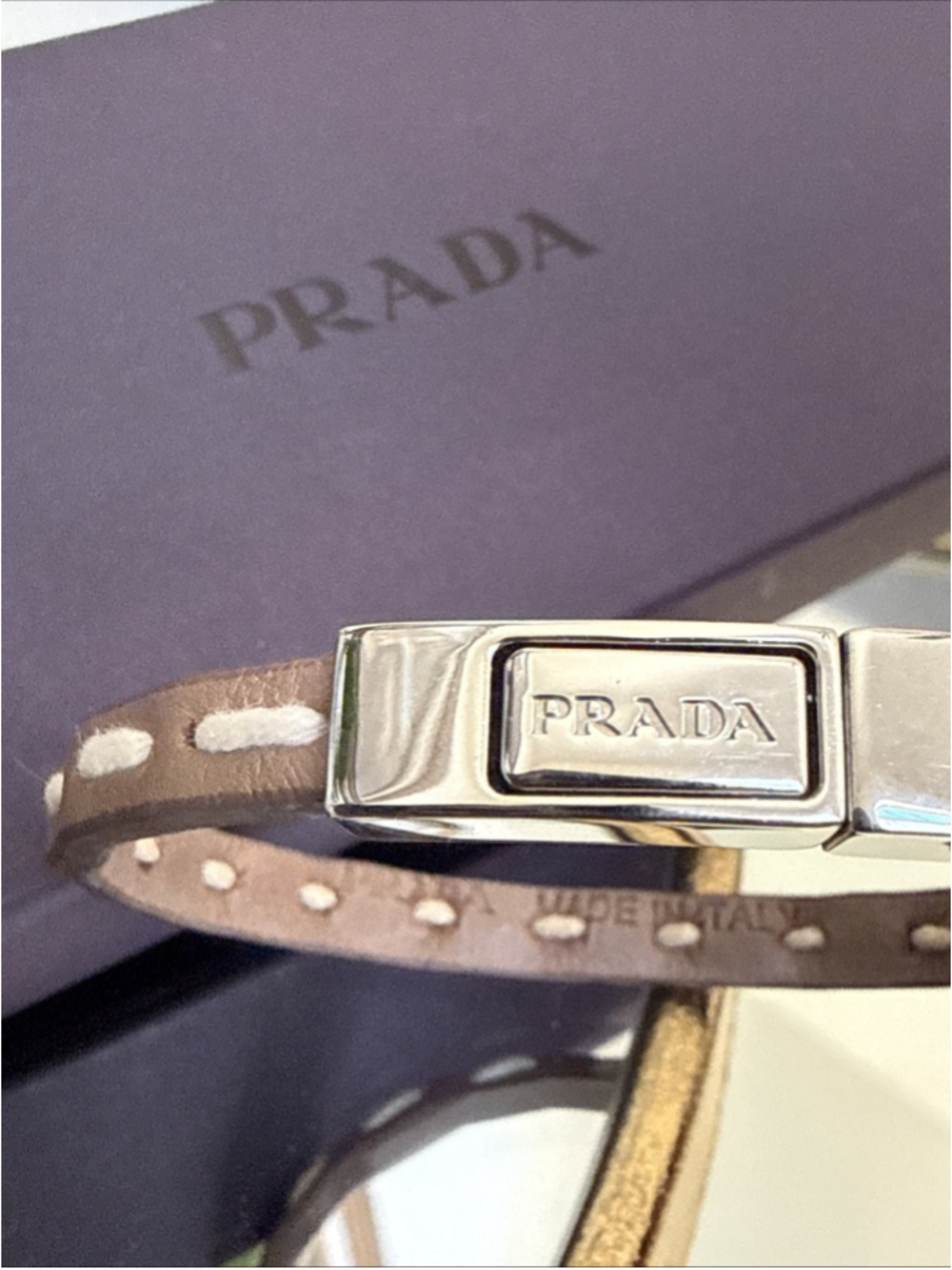 PRADA Brown Leather Bracelet Silver Hardware Women Medium